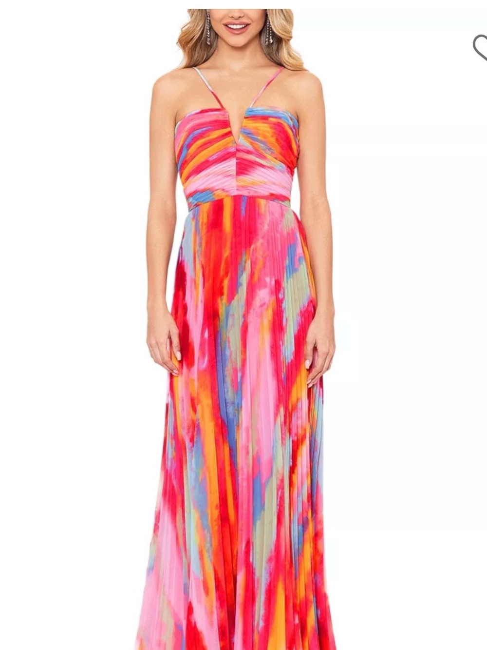 Aqua Multicolor Pink-Red Spaghetti-Strap Maxi Dress